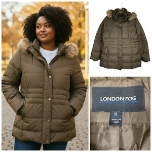 London Fog Women's Sz XL Down Fur Trim Zip Off Hood Quilted Puffer Jacket Parka